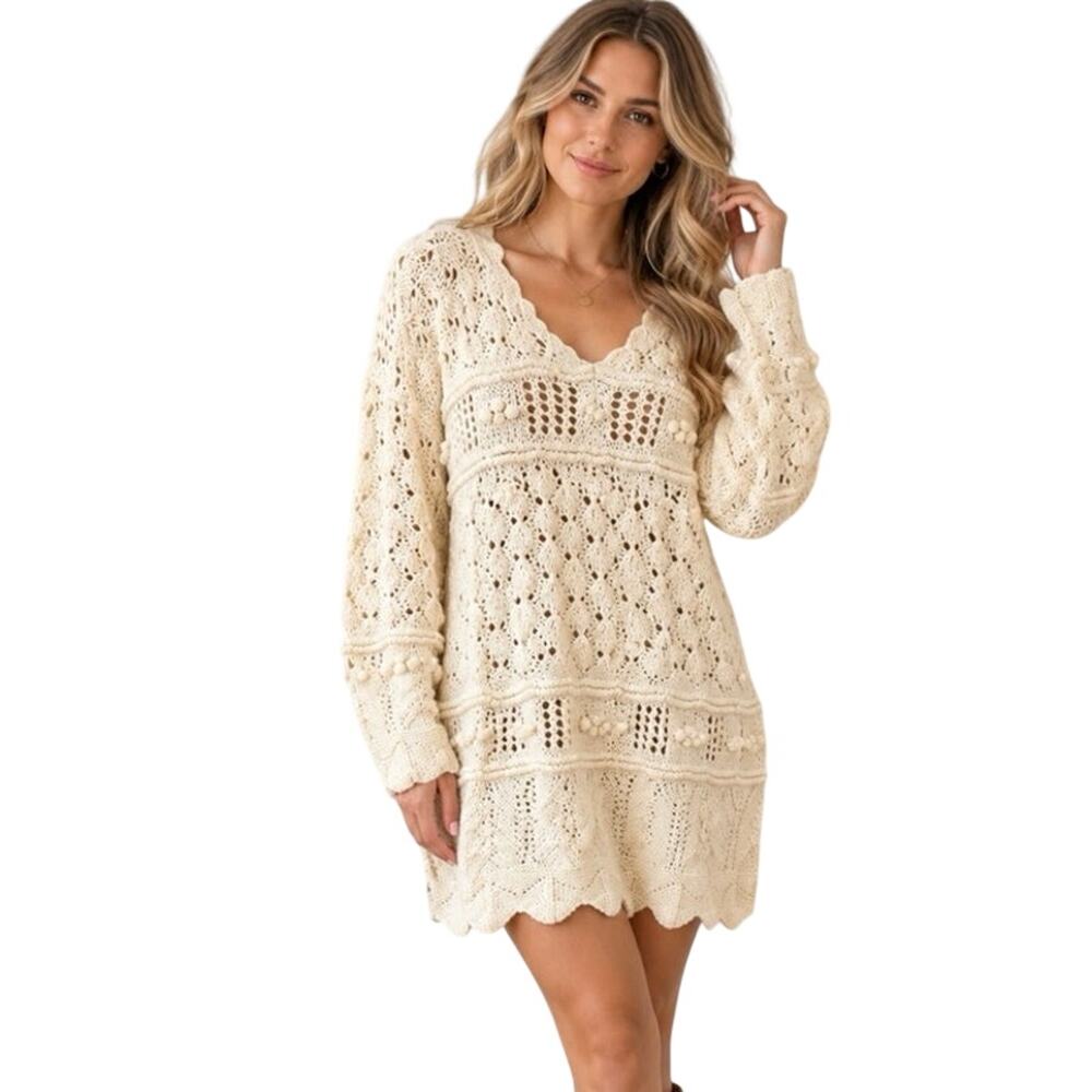 Express Tricot Vintage Hand Knit Cream Crochet Boho Sweater Tunic Size M cotton
